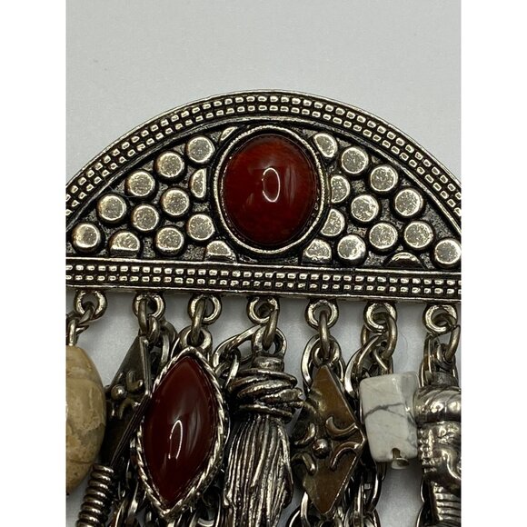 Vintage Silver-Tone Multi-Chain Statement Brooch With Red Beige & White Stone Ac - Picture 2 of 12